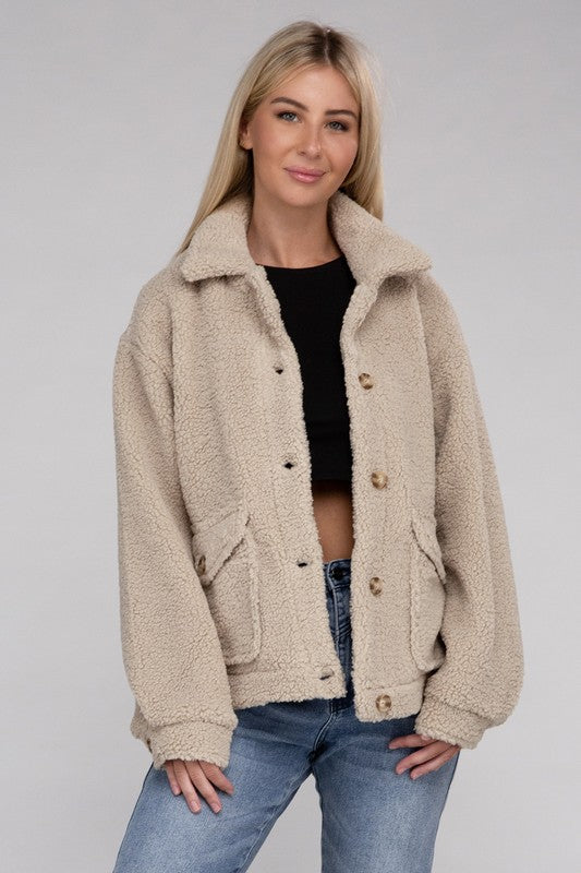 Ambiance Apparel Cozy Sherpa Button-Front Jacket