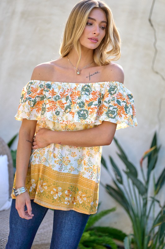 Davi & Dani Printed Off Shoulder Smocked Top