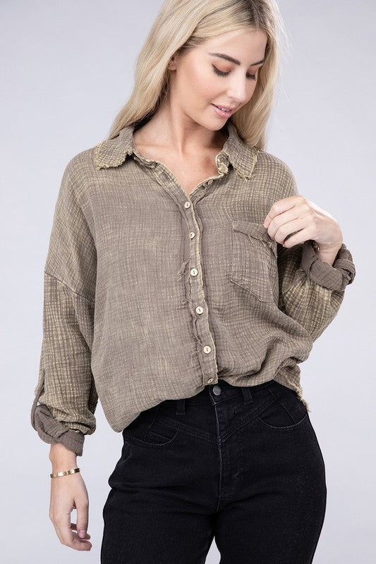 ZENANA Washed Double Gauze Button Down Shirt