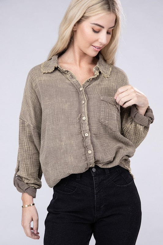 Load image into Gallery viewer, ZENANA Washed Double Gauze Button Down Shirt
