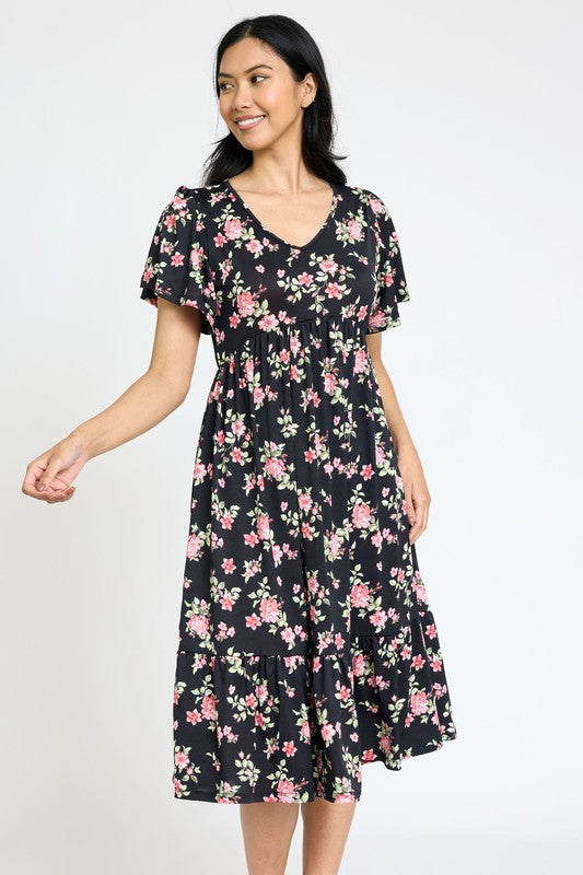 EG fashion Floral Angel Sleeve Midi Dress