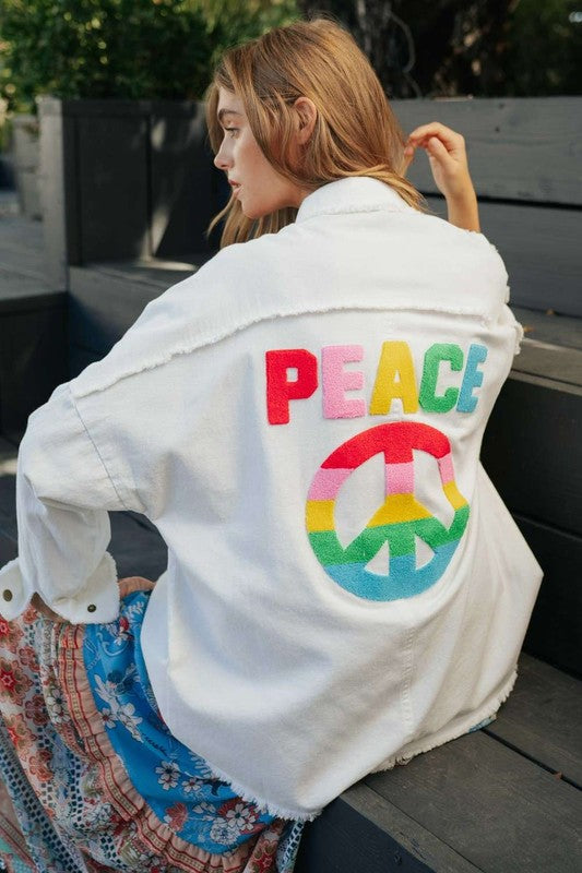 Davi & Dani Multi Color Lettering Peace Symbol Button Up Shirt