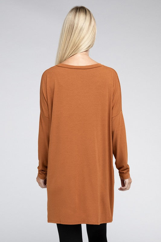 ZENANA Dolman Long Sleeve V-Neck Side Slit Hi-Low Hem Top