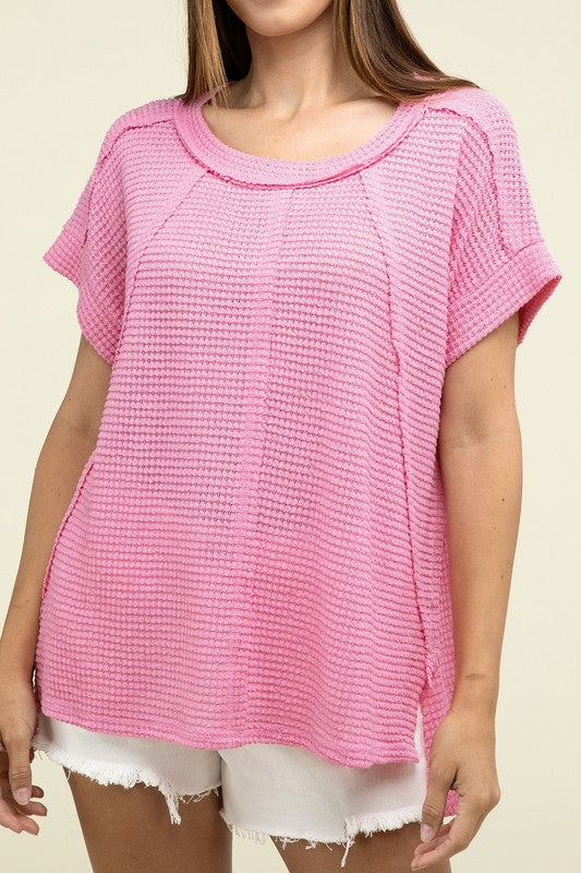 ZENANA Brushed Waffle Exposed-Seam Short Sleeve Top