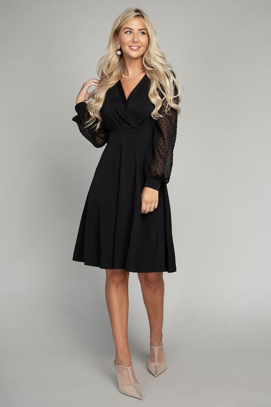 Nuvi Apparel Swiss Dot puff Sleeve V neck Dress