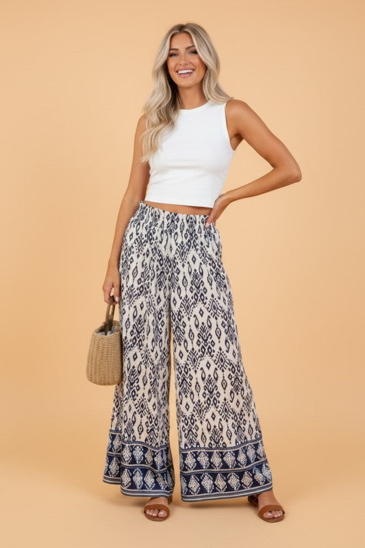 JUNIPER BLVD Boho Smocked High Waist Wide Leg Pants
