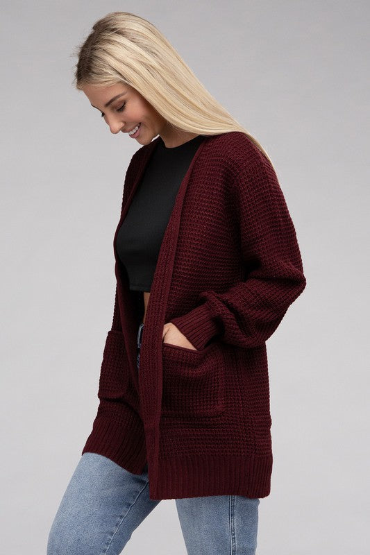 ZENANA Low Gauge Waffle Open Cardigan Sweater