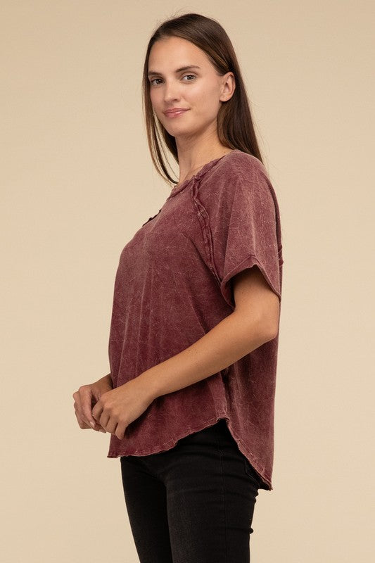 ZENANA Back Patch Crinkle Washed Raglan Sleeve T-Shirt