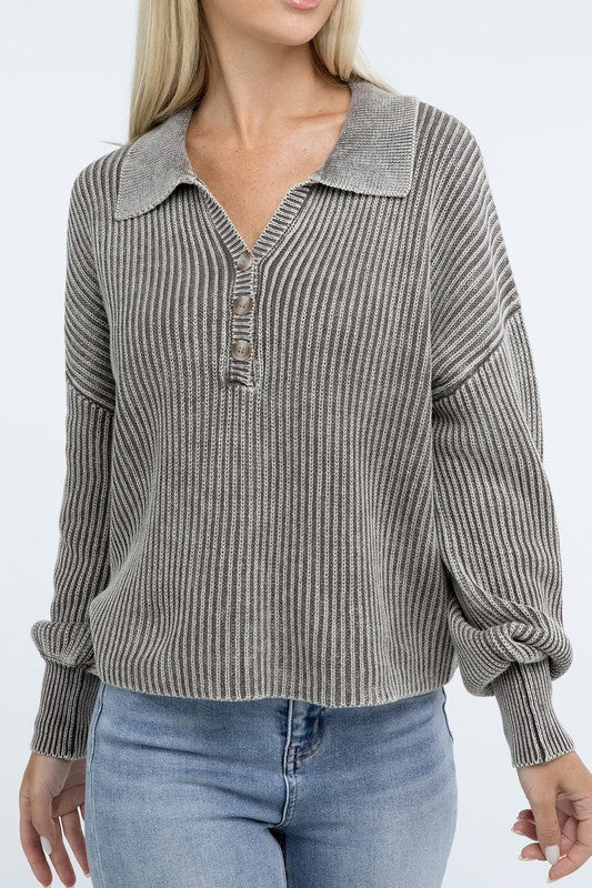 ZENANA Washed Collared Henley Sweater