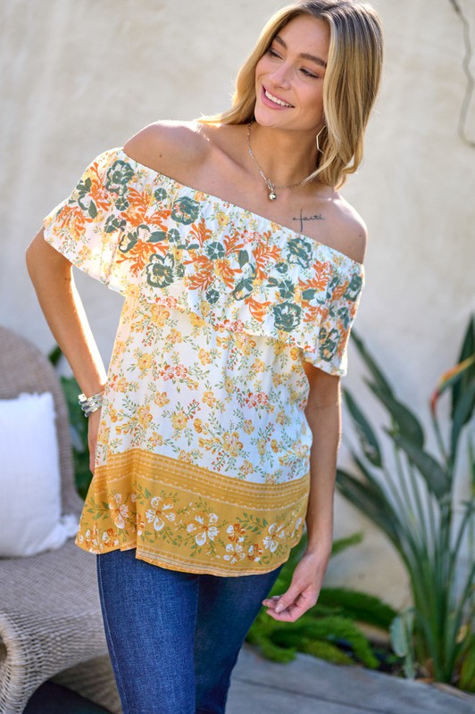 Davi & Dani Printed Off Shoulder Smocked Top