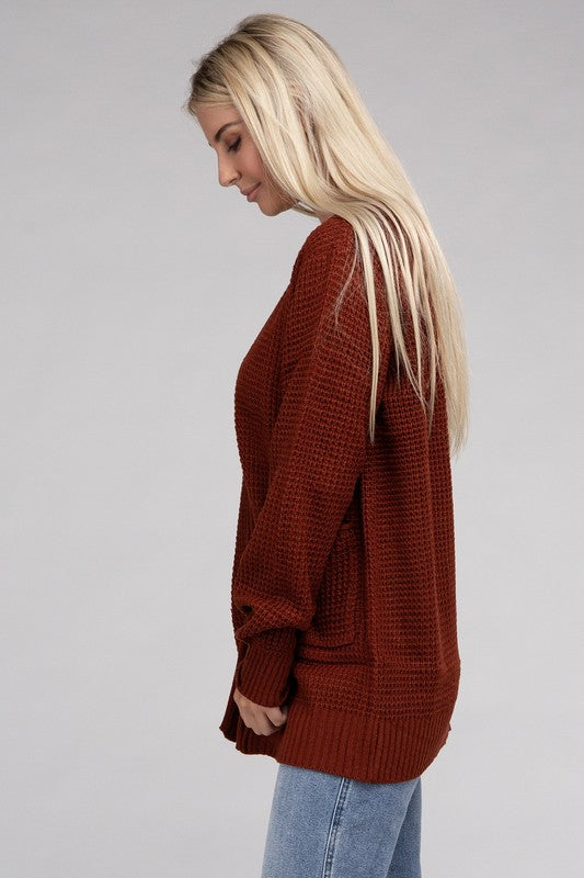 ZENANA Low Gauge Waffle Open Cardigan Sweater