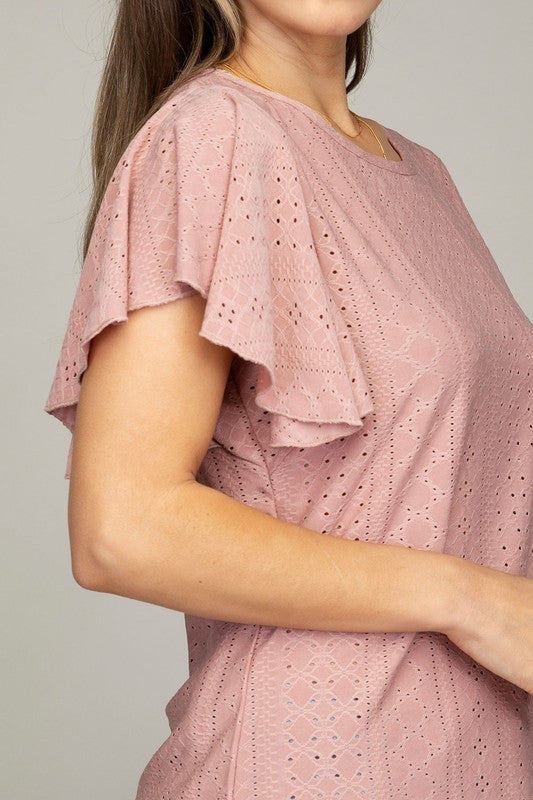 Nuvi Apparel Embroidered eyelet top with wing sleeve