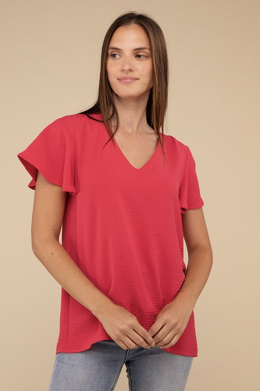 ZENANA Woven Airflow Flutter Sleeve Top