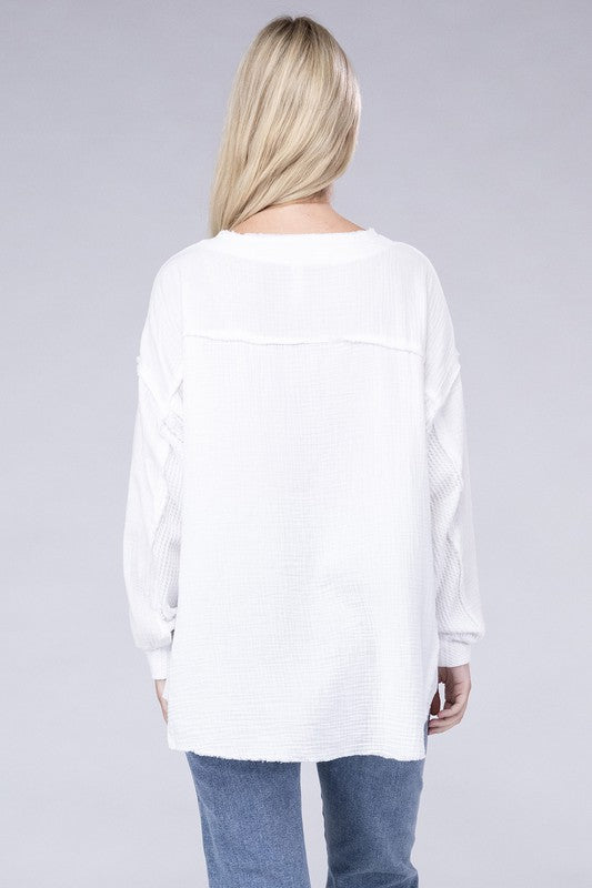 ZENANA Double Gauze Oversized 3/4 Button Henley Neck Top