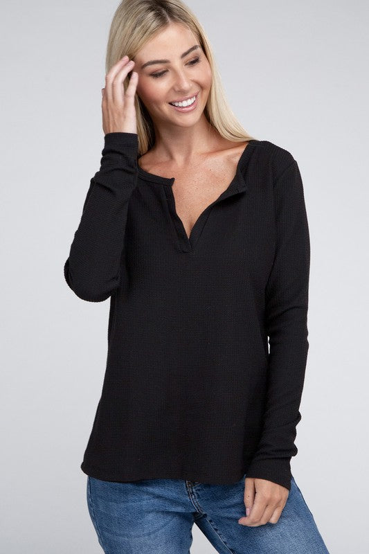 ZENANA Melange Baby Waffle V-Neck Long Sleeve Top