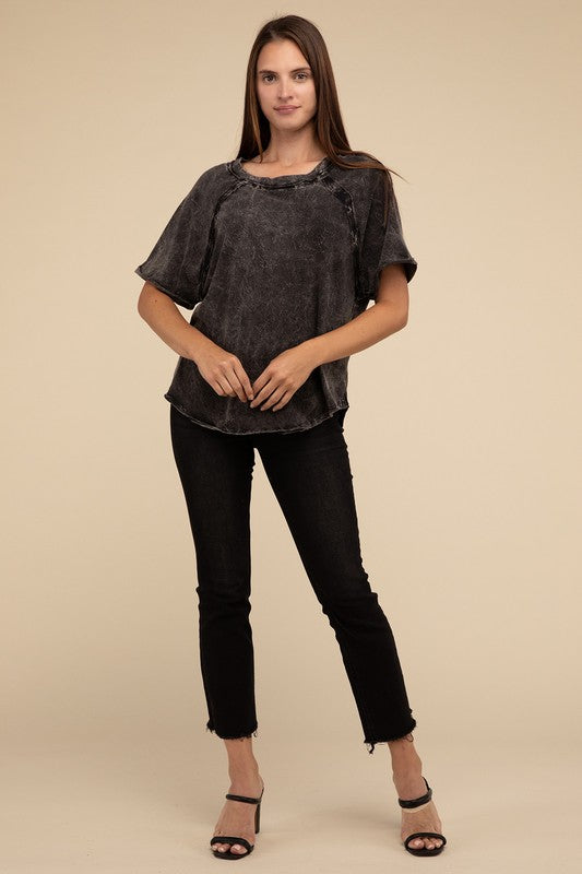 ZENANA Back Patch Crinkle Washed Raglan Sleeve T-Shirt