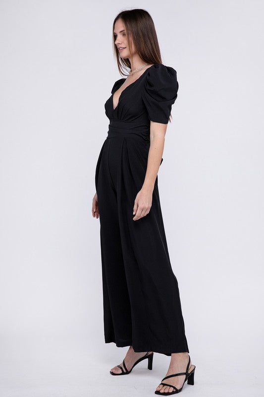 Nuvi Apparel V Neck Puff Sleeve Jumpsuit