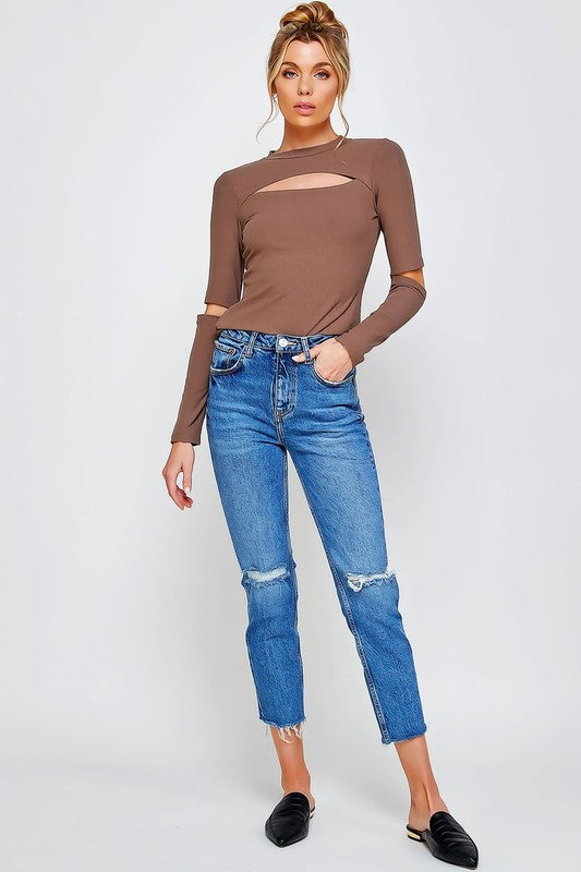 Sweet Generis RIBBED FITTED LONG SLEEVE TOP WITH CHEST CUTOUT