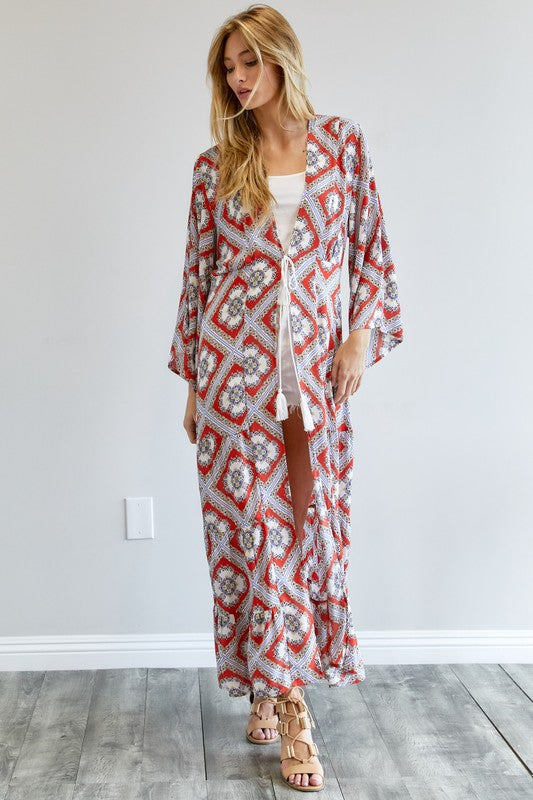 Davi & Dani Printed Long Sleeve Loose Kimono Duster