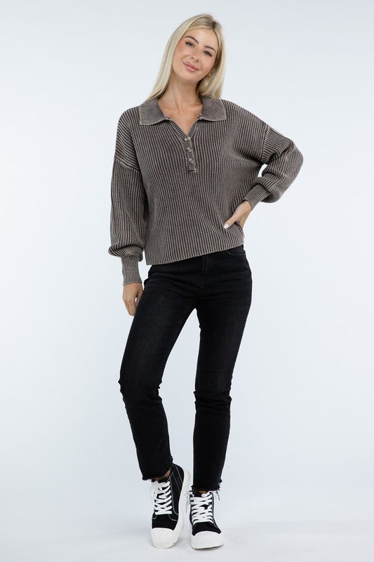 ZENANA Washed Collared Henley Sweater