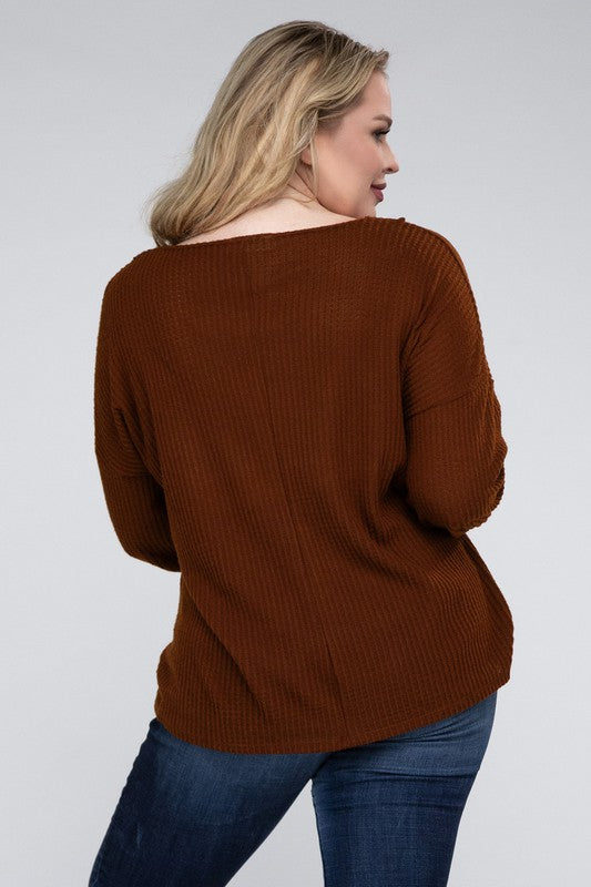 Load image into Gallery viewer, ZENANA Plus Brushed Waffle V-Neck Button Detail Sweater
