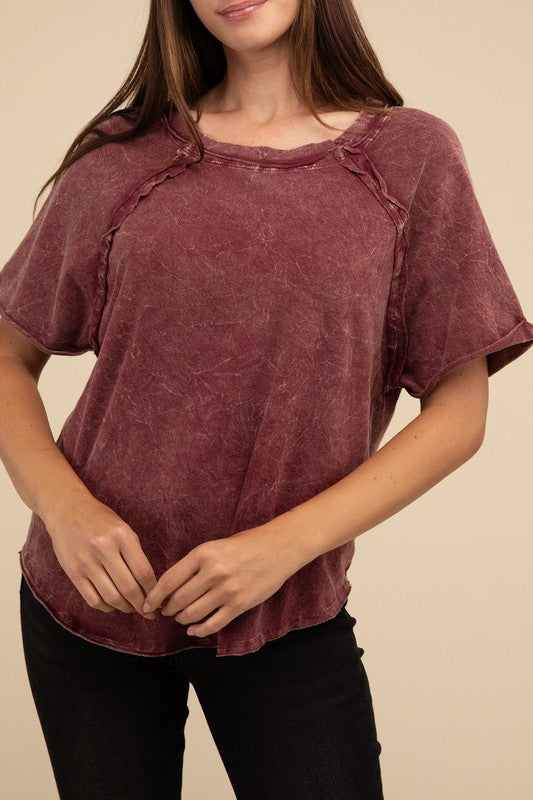 ZENANA Back Patch Crinkle Washed Raglan Sleeve T-Shirt