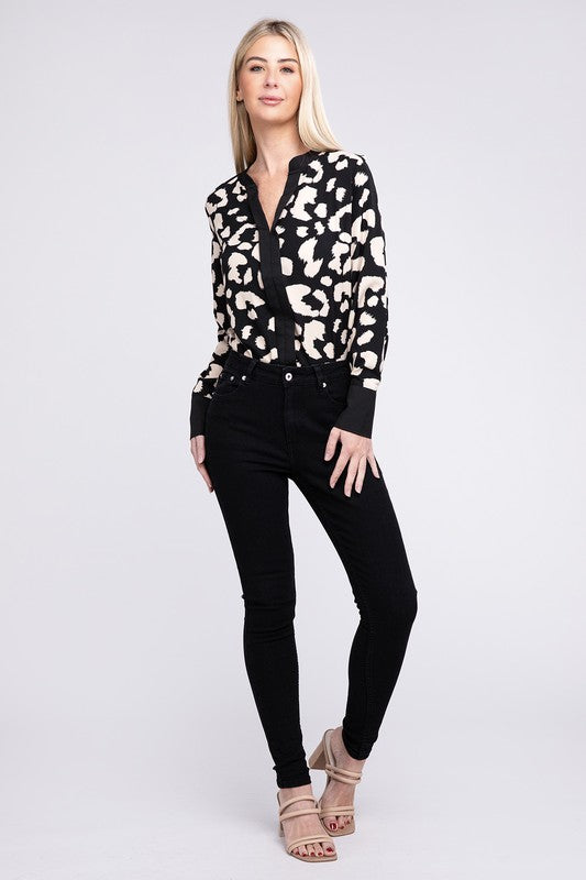 Nuvi Apparel Leopard Notched Neck Blouse