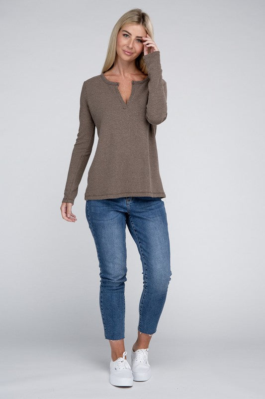 ZENANA Melange Baby Waffle V-Neck Long Sleeve Top