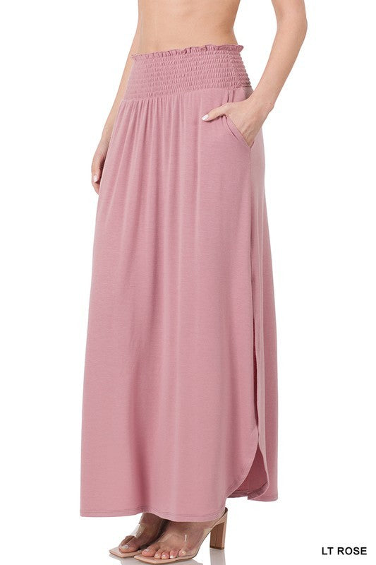 ZENANA Smocked Waist Side Slit Maxi Skirt with Pockets