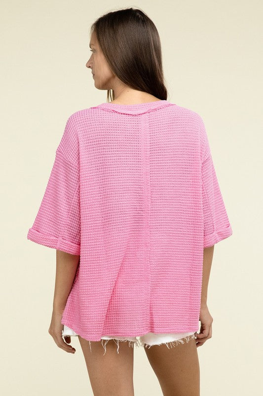 ZENANA Brushed Waffle Exposed-Seam 3/4 Sleeve Top