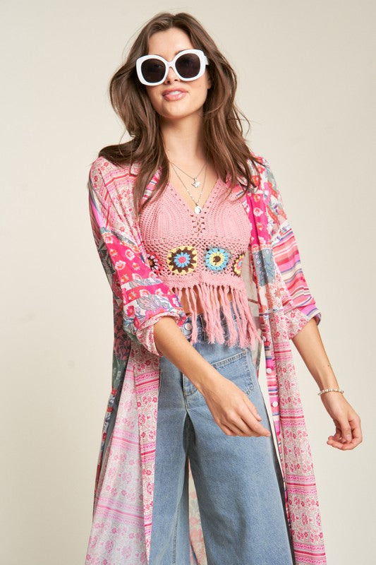 Davi & Dani Mesh Print Mix Matched Button Front Cover Up