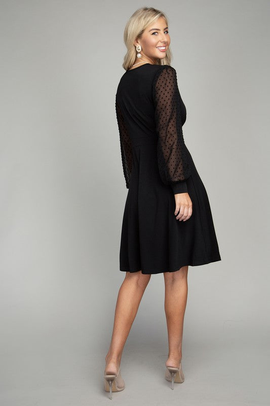 Nuvi Apparel Swiss Dot puff Sleeve V neck Dress