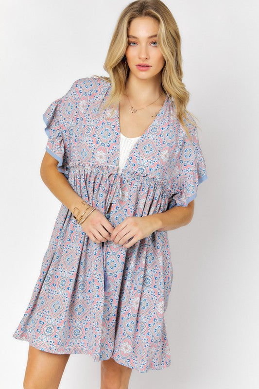 Davi & Dani Printed Short Sleeve Ruffle Kimono