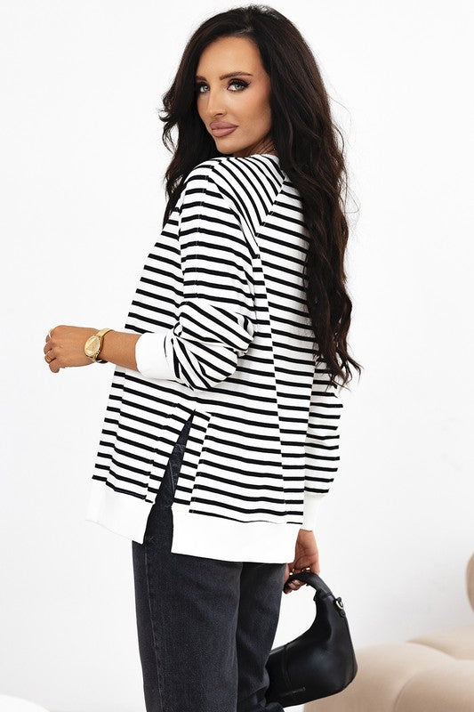 YNIQUE Stripe Raglan Sleeve Side Slits Loose Sweatshirt