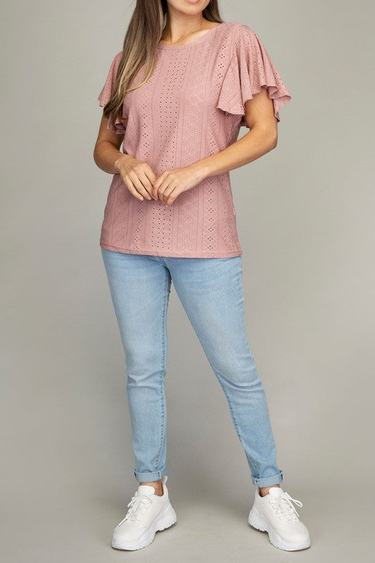 Nuvi Apparel Embroidered eyelet top with wing sleeve
