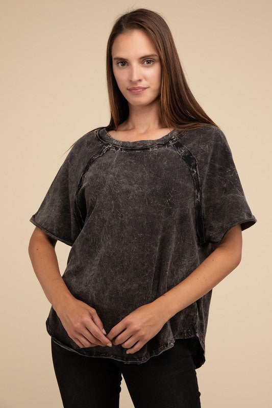 ZENANA Back Patch Crinkle Washed Raglan Sleeve T-Shirt