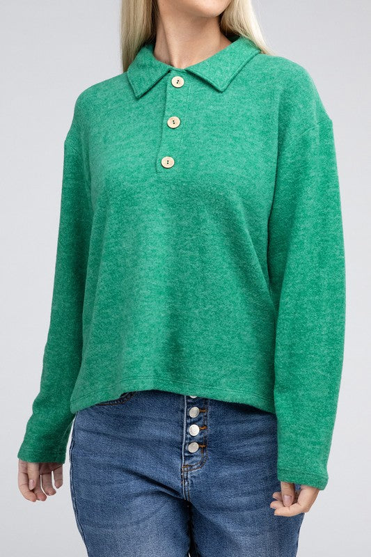 ZENANA Brushed Melange Hacci Collared Sweater