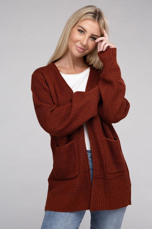 ZENANA Low Gauge Waffle Open Cardigan Sweater