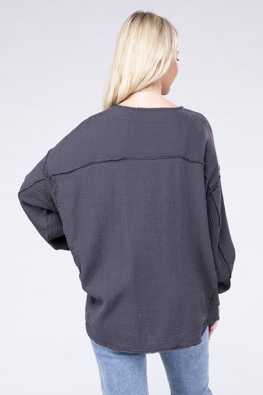 Load image into Gallery viewer, ZENANA Double Gauze Oversized 3/4 Button Henley Neck Top
