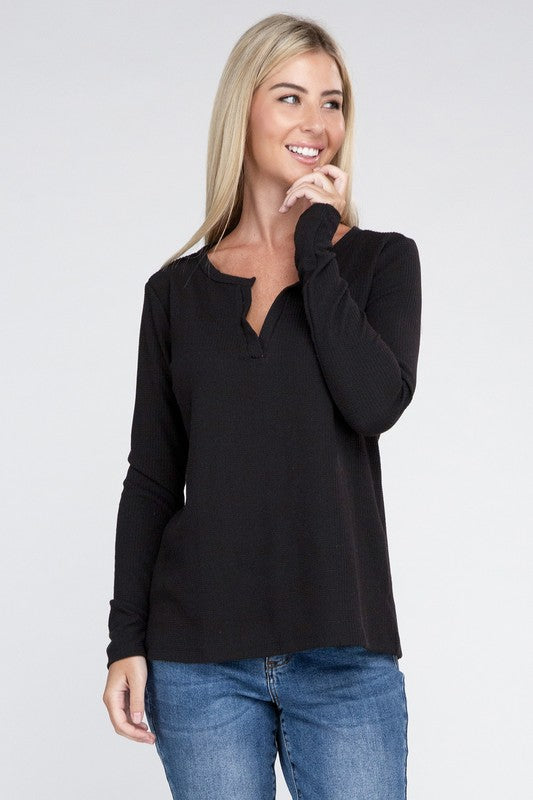 ZENANA Melange Baby Waffle V-Neck Long Sleeve Top