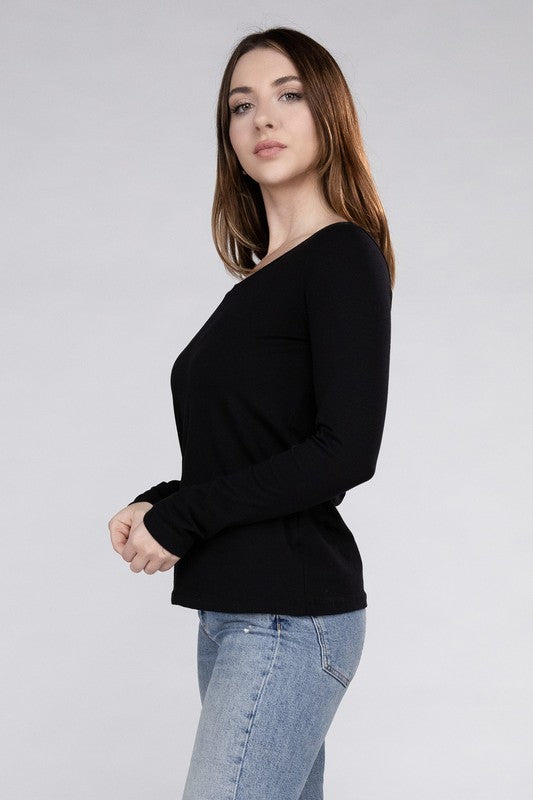 ZENANA Cotton V-Neck Long Sleeve T-Shirt