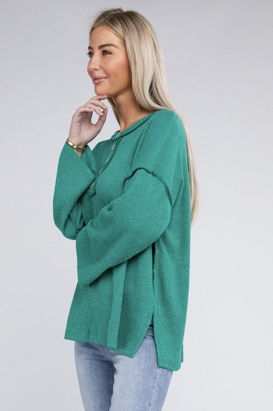 ZENANA Ribbed Brushed Melange Hacci Henley Sweater