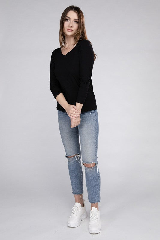 ZENANA Cotton V-Neck Long Sleeve T-Shirt