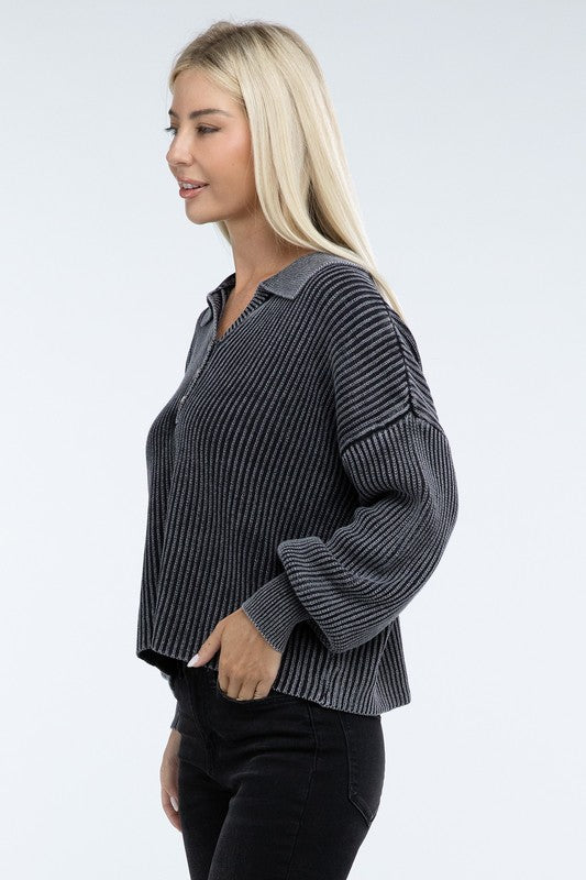 ZENANA Washed Collared Henley Sweater