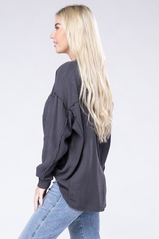 ZENANA Double Gauze Oversized 3/4 Button Henley Neck Top