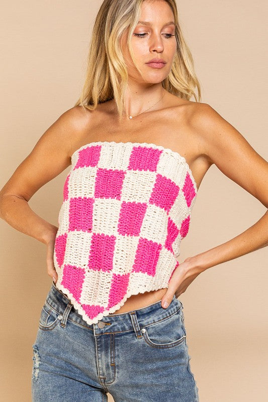 POL Checkerboard Pattern Tube Top Sweater