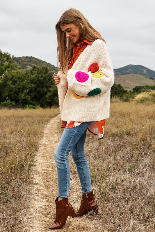 Davi & Dani The Fuzzy Smile Long Bell Sleeve Knit Cardigan