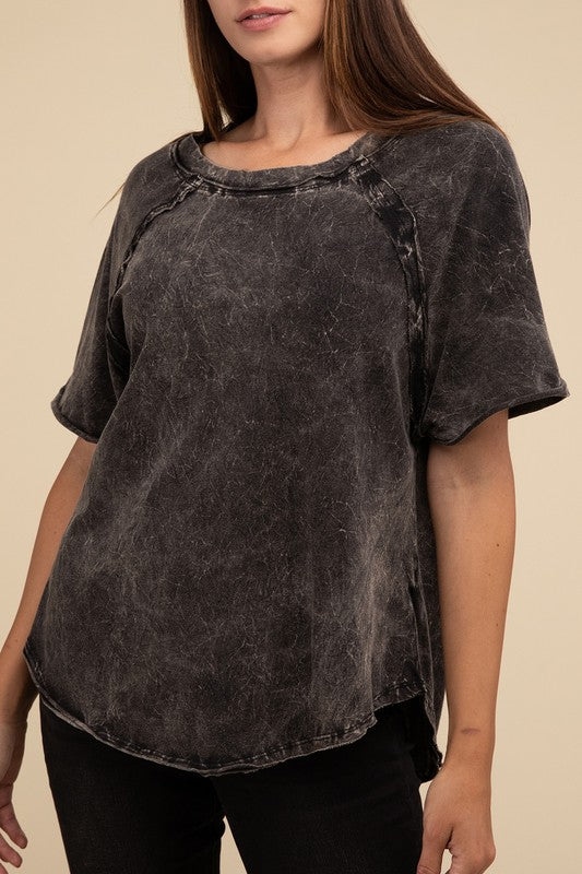 ZENANA Back Patch Crinkle Washed Raglan Sleeve T-Shirt