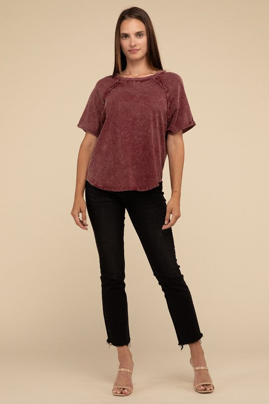 ZENANA Back Patch Crinkle Washed Raglan Sleeve T-Shirt