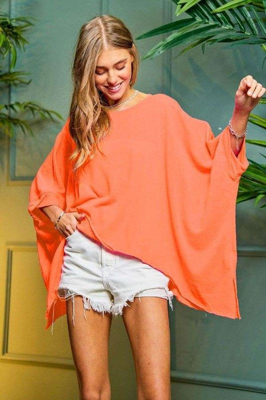 Davi & Dani Solid Round Neck Loose Fit Kimono Sleeve Sweater